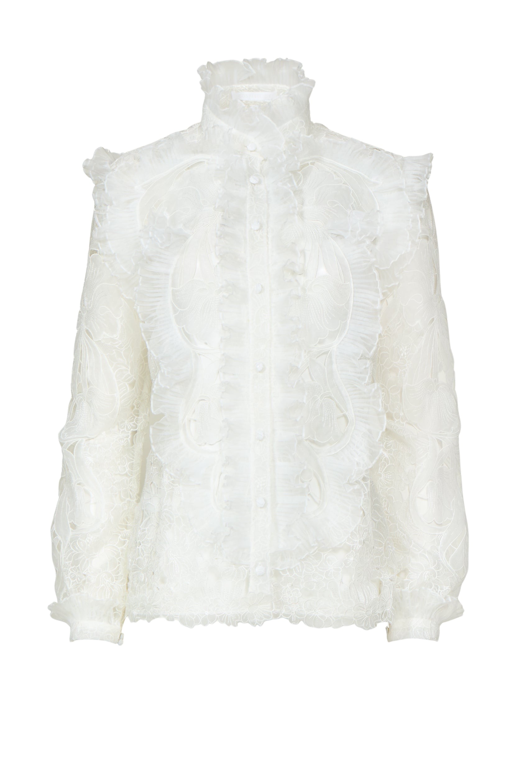 Costarellos Augusta Embroidered Organza Ruffled Blouse