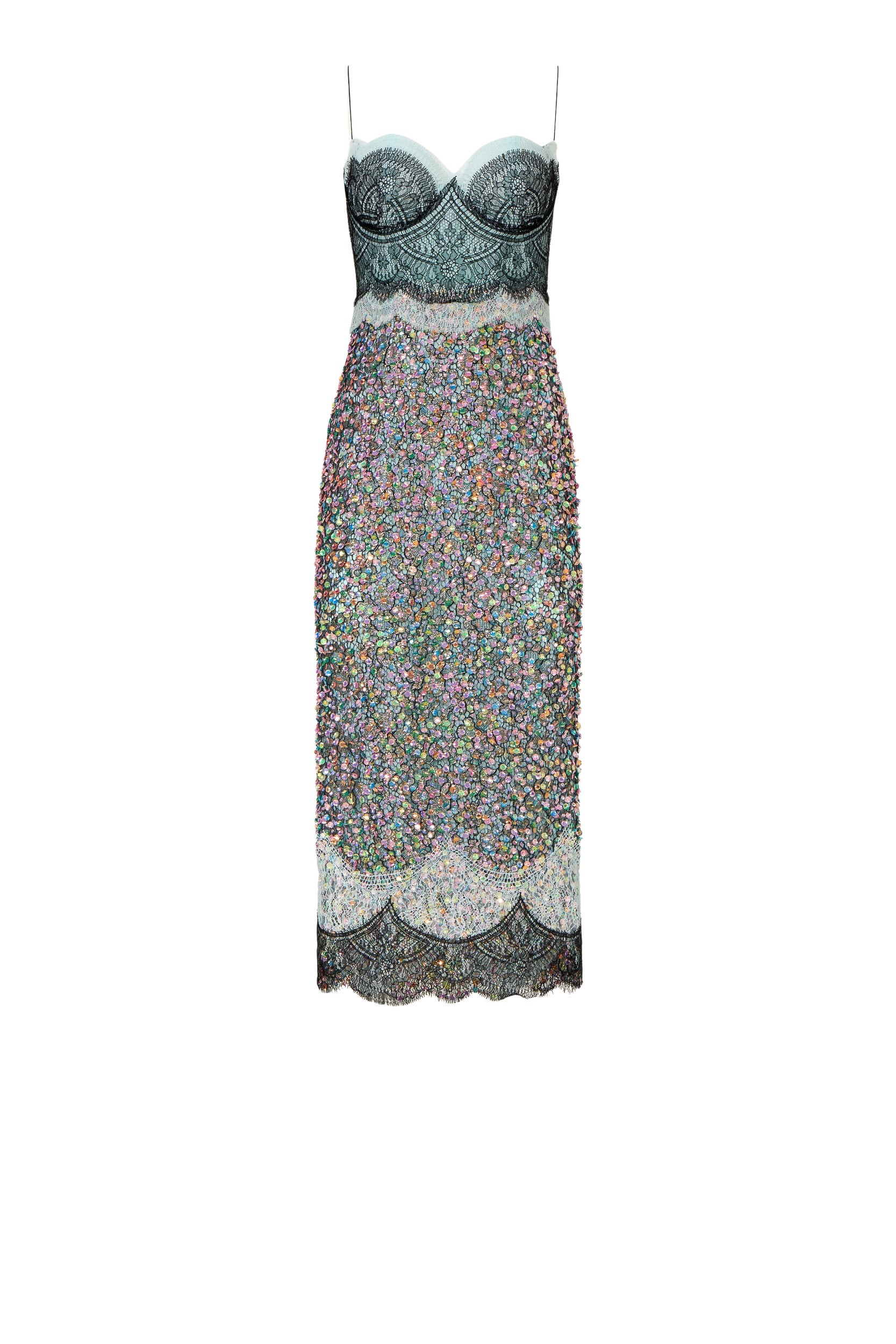 Costarellos Lindra Chantilly Lace Sequined Midi Dress