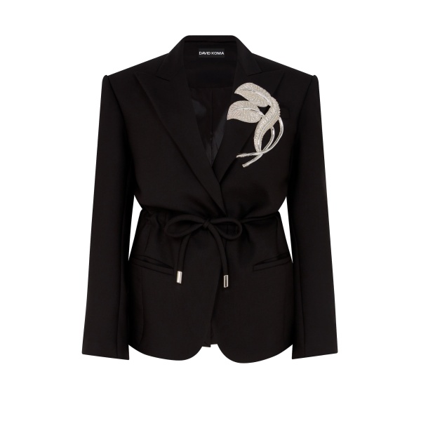 David Koma Crystal Leaf Tie Waist Jacket In Black