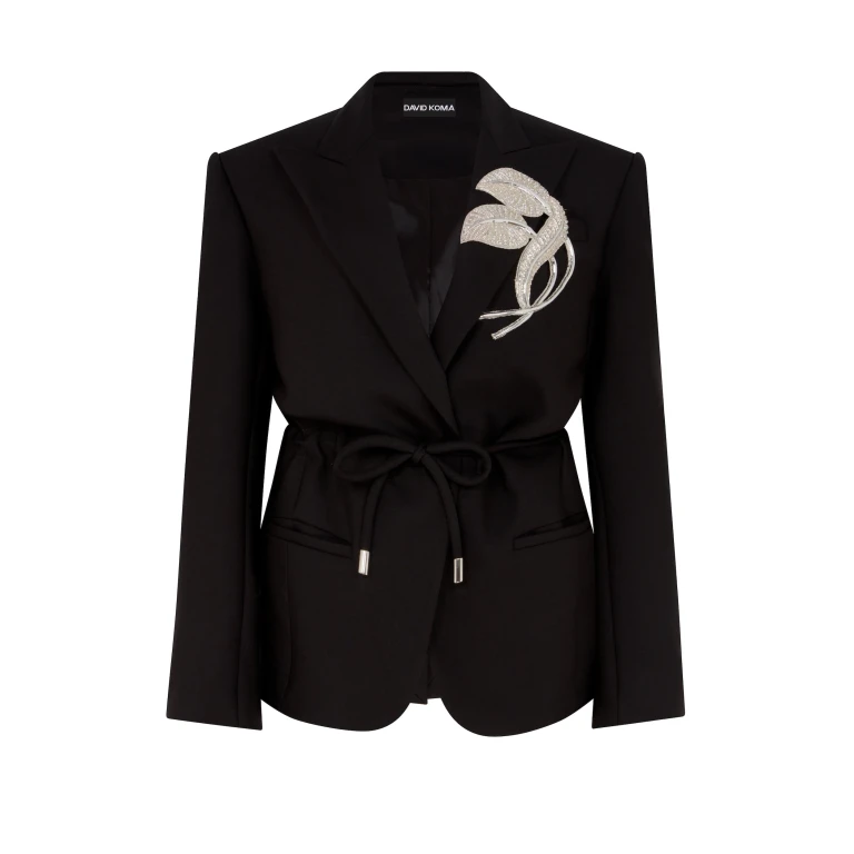 David Koma Crystal Leaf Tie Waist Jacket In Black
