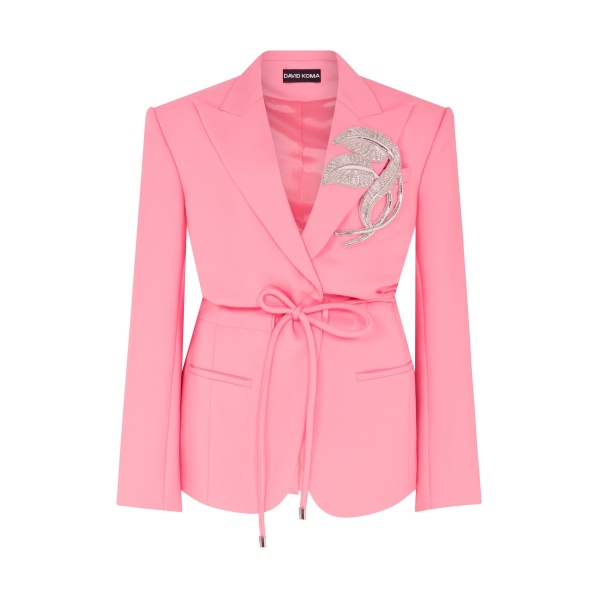 David Koma Crystal Leaf Tie Waist Jacket In Pink