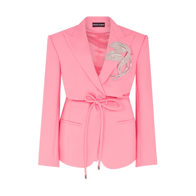 David Koma Crystal Leaf Tie Waist Jacket In Pink