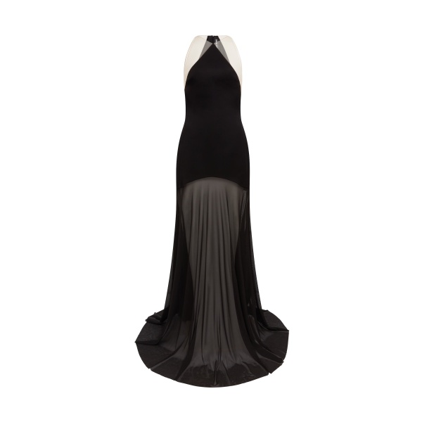 David Koma Satin Halterneck Gown With Mesh Skirt Black