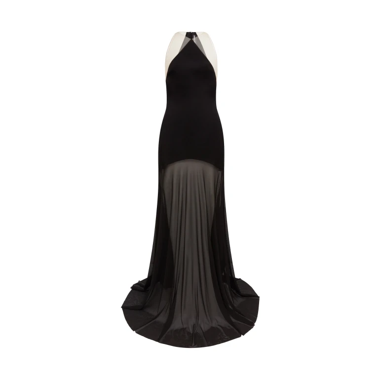 David Koma Satin Halterneck Gown With Mesh Skirt Black