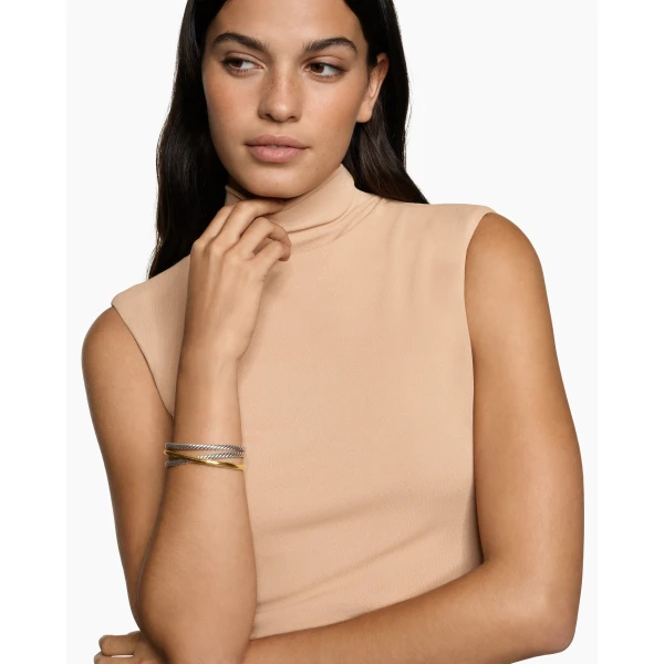 19mm in Silver – front view of authentic Cuff Bracelets at Luxury Shoes |David Yurman Bold Crossover Three Row Cuff Bracelet in Sterling Silver with 14K Yellow Gold