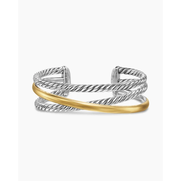 on-model styling shot|David Yurman Bold Crossover Three Row Cuff Bracelet in Sterling Silver with 14K Yellow Gold