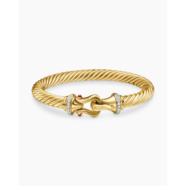 on-model styling shot|David Yurman Buckle Cablespira® Bracelet in 18K Yellow Gold with Rubies and Diamonds