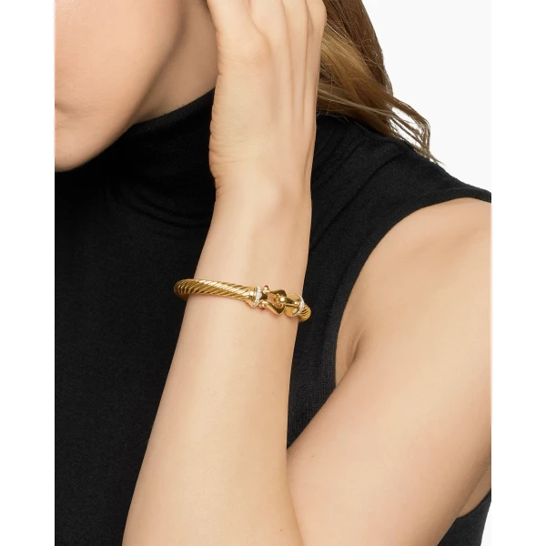 7mm – pavé setting and gemstone detail close-up|David Yurman Buckle Cablespira® Bracelet in 18K Yellow Gold with Rubies and Diamonds
