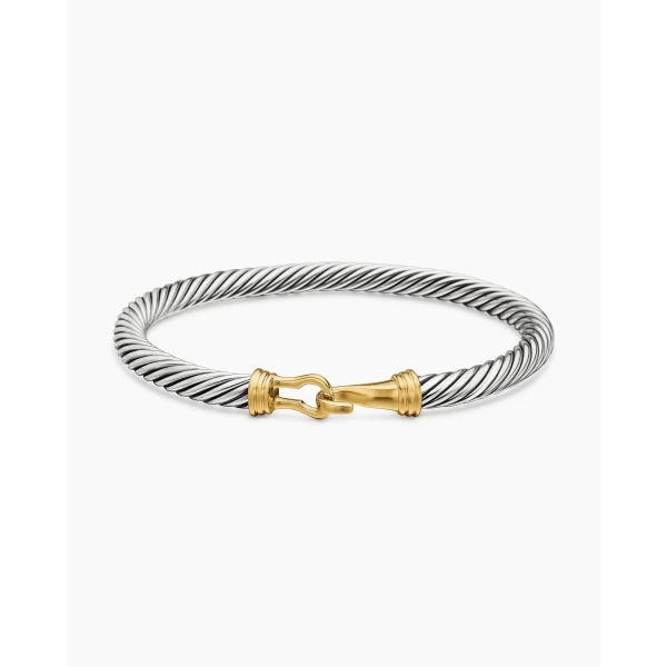 on-model styling shot|David Yurman Buckle Classic Cable Bracelet in Sterling Silver with 14K Yellow Gold