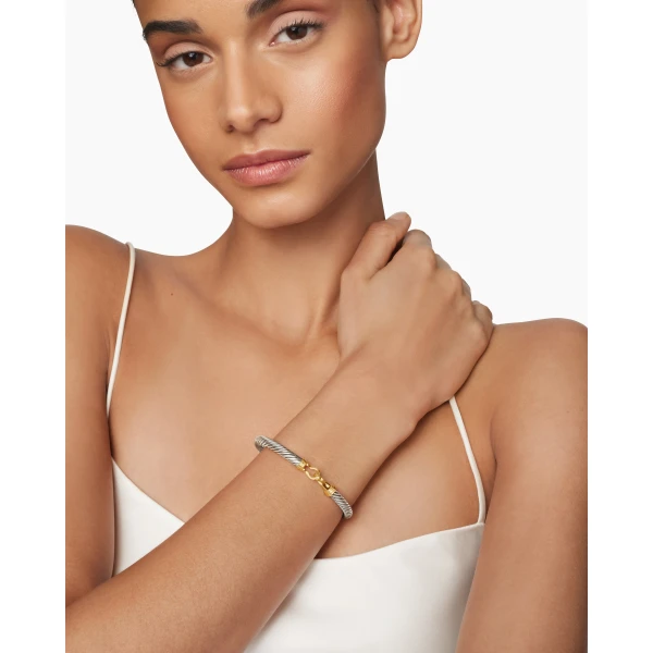5mm – pavé setting and gemstone detail close-up|David Yurman Buckle Classic Cable Bracelet in Sterling Silver with 14K Yellow Gold
