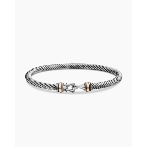 on-model styling shot|David Yurman Buckle Classic Cable Bracelet in Sterling Silver with 18K Rose Gold