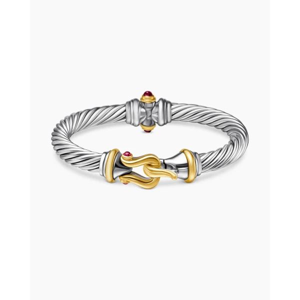 on-model styling shot|David Yurman Buckle Classic Cable Bracelet in Sterling Silver with 18K Yellow Gold and Rhodolite Garnets