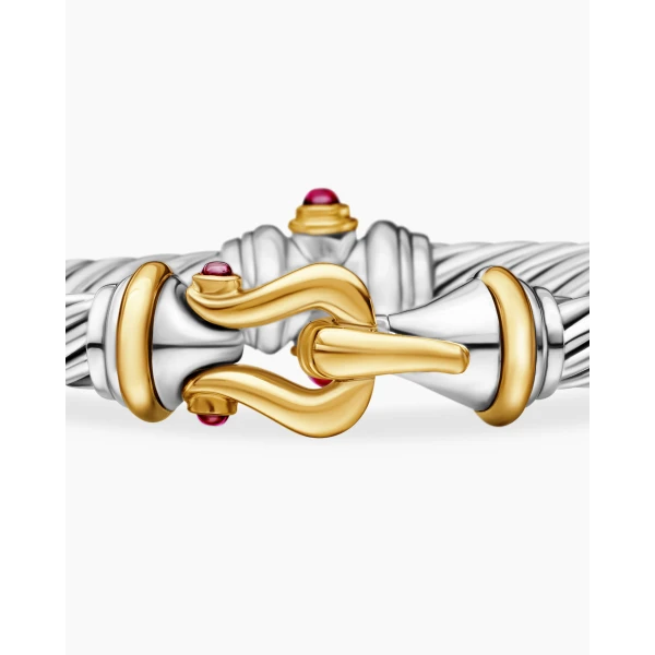 signature twisted-helix detail|David Yurman Buckle Classic Cable Bracelet in Sterling Silver with 18K Yellow Gold and Rhodolite Garnets