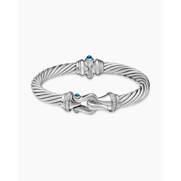 on-model styling shot|David Yurman Buckle Classic Cable Bracelet in Sterling Silver with Hampton Blue Topaz and Diamonds
