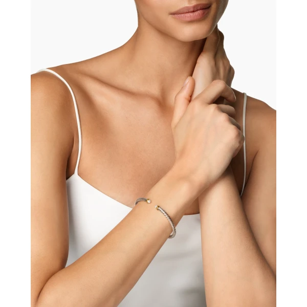 4mm in White – front view of authentic Cable Bracelets at Luxury Shoes |David Yurman Cable Flex® Bracelet in Sterling Silver with 14K Yellow Gold and Pearls
