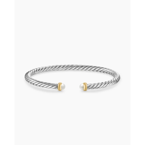 on-model styling shot|David Yurman Cable Flex® Bracelet in Sterling Silver with 14K Yellow Gold and Pearls
