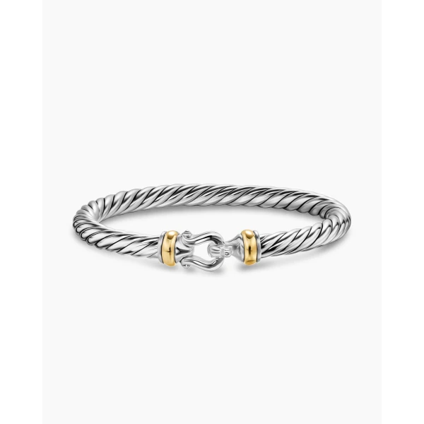 on-model styling shot|David Yurman Cable Flex® Buckle Bracelet in Sterling Silver with 14K Yellow Gold