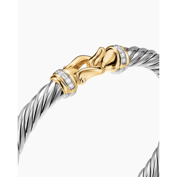 on-model styling shot|David Yurman Cable Flex® Buckle Bracelet in Sterling Silver with 14K Yellow Gold and Diamonds