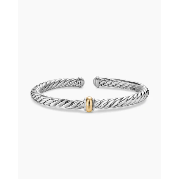 on-model styling shot|David Yurman Cable Flex® Center Station Bracelet in Sterling Silver with 14K Yellow Gold