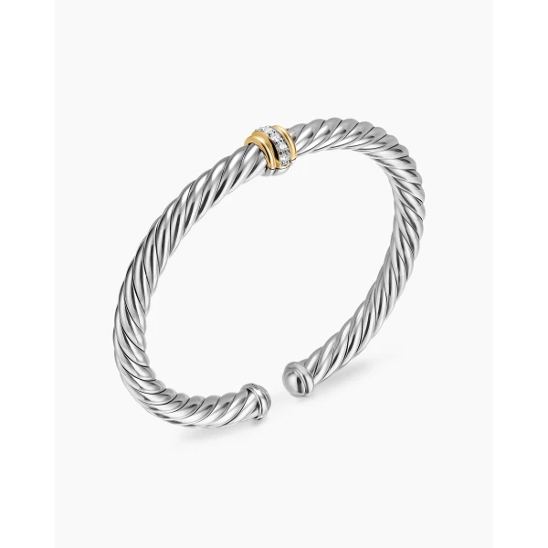 6mm in Silver – front view of authentic Cable Bracelets at Luxury Shoes |David Yurman Cable Flex® Center Station Bracelet in Sterling Silver with 14K Yellow Gold and Diamonds