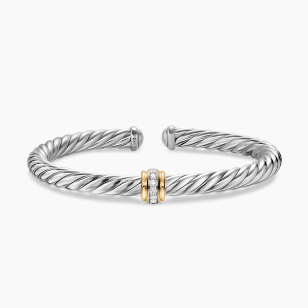 David Yurman Cable Flex® Center Station Bracelet in Sterling Silver with 14K Yellow Gold and Diamonds, 6mm, view 3
