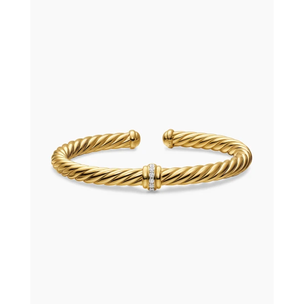 on-model styling shot|David Yurman Cablespira® Flex Center Station Bracelet in 18K Yellow Gold with Diamonds