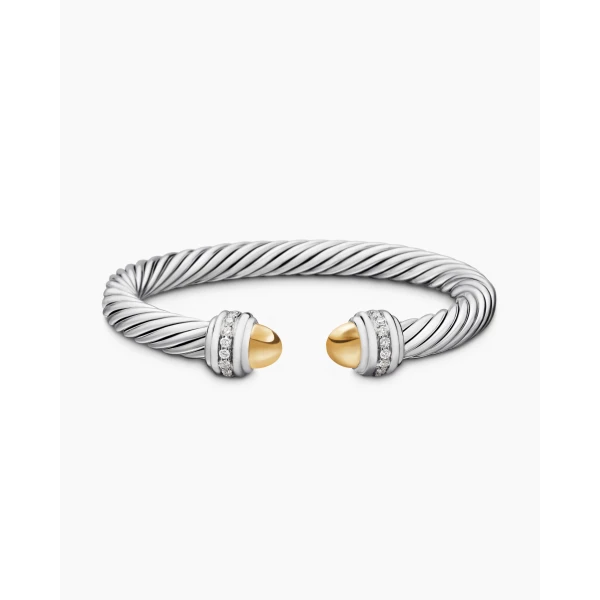 on-model styling shot|David Yurman Classic Cable Bracelet in Sterling Silver with 14K Yellow Gold Domes and Diamonds