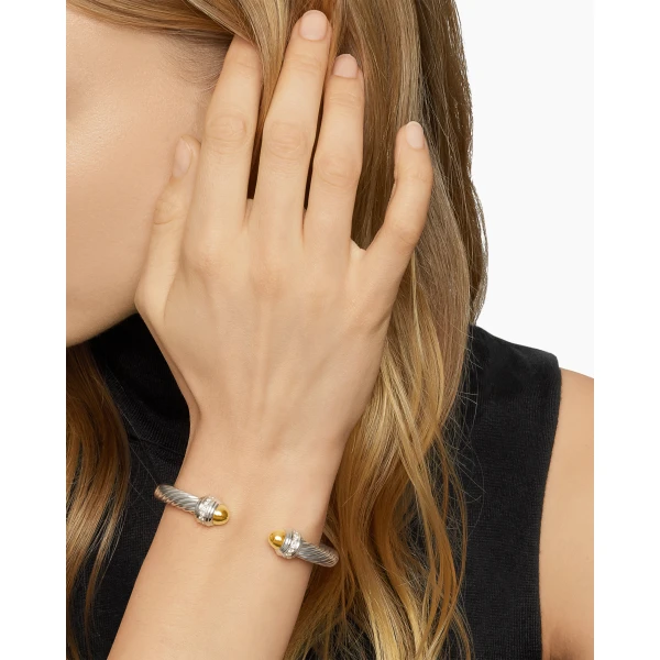 7mm – pavé setting and gemstone detail close-up|David Yurman Classic Cable Bracelet in Sterling Silver with 14K Yellow Gold Domes and Diamonds