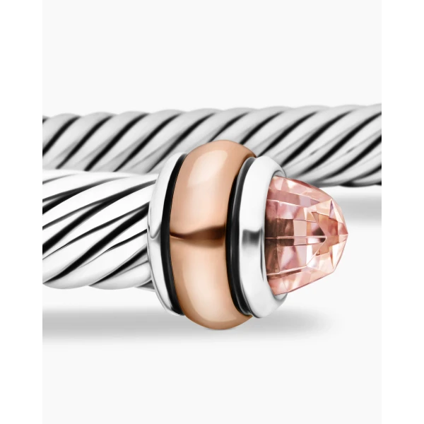 4mm – pavé setting and gemstone detail close-up|David Yurman Classic Cable Bracelet in Sterling Silver with 18K Rose Gold and Morganite