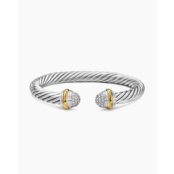 on-model styling shot|David Yurman Classic Cable Bracelet in Sterling Silver with 18K Yellow Gold and Pavé Diamond Domes