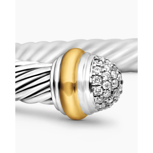 signature twisted-helix detail|David Yurman Classic Cable Bracelet in Sterling Silver with 18K Yellow Gold and Pavé Diamond Domes