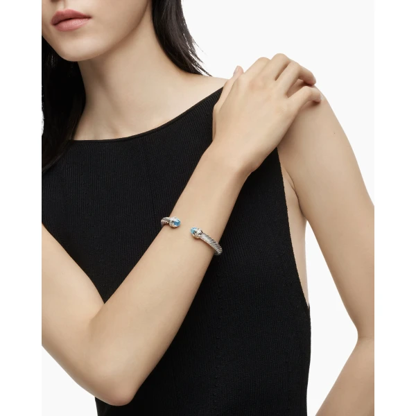 7mm in Blue – front view of authentic Cable Bracelets at Luxury Shoes |David Yurman Classic Cable Bracelet in Sterling Silver with Blue Topaz and Diamonds