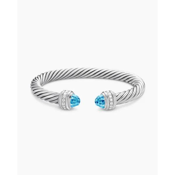 on-model styling shot|David Yurman Classic Cable Bracelet in Sterling Silver with Blue Topaz and Diamonds
