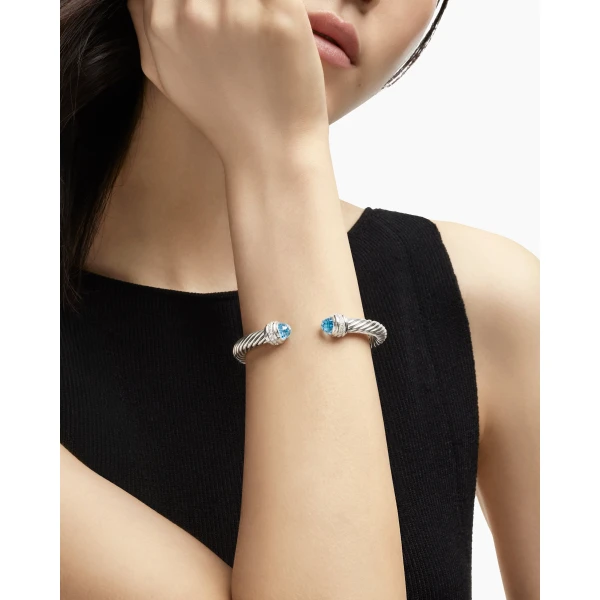 7mm – pavé setting and gemstone detail close-up|David Yurman Classic Cable Bracelet in Sterling Silver with Blue Topaz and Diamonds