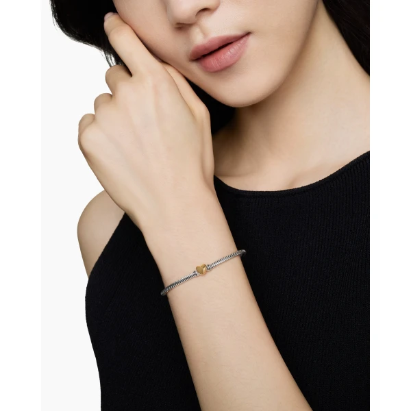 3mm – pavé setting and gemstone detail close-up|David Yurman Classic Cable Heart Station Bracelet in Sterling Silver with 18K Yellow Gold
