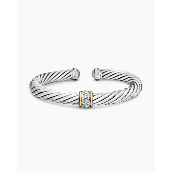 on-model styling shot|David Yurman Classic Cable Station Bracelet in Sterling Silver with 18K Yellow Gold and Pavé Diamonds