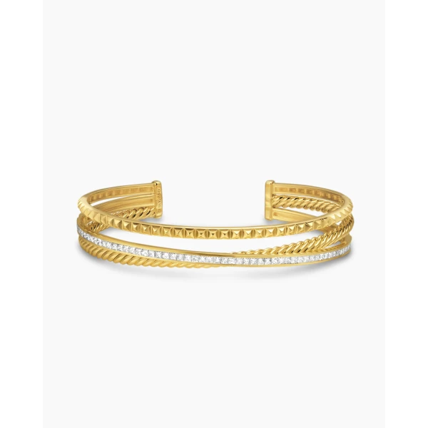 on-model styling shot|David Yurman Crossover Trio Three Row Cuff Bracelet in 18K Yellow Gold with Diamonds