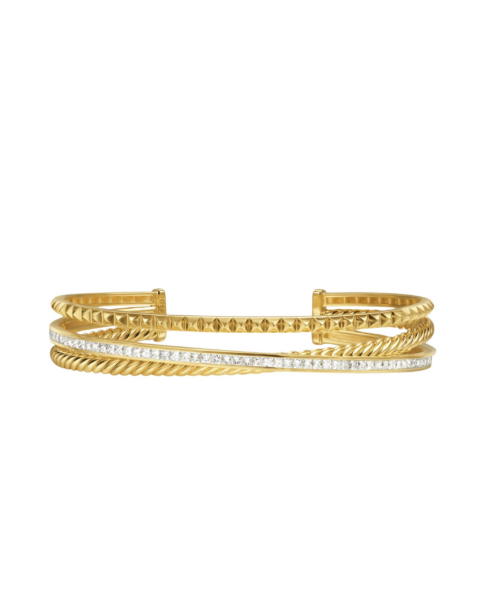 David Yurman Crossover Trio Three Row Cuff Bracelet in 18K Yellow Gold with Diamonds