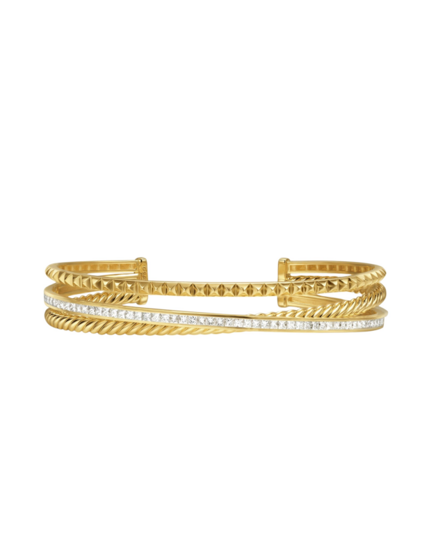 David Yurman Crossover Trio Three Row Cuff Bracelet in 18K Yellow Gold with Diamonds