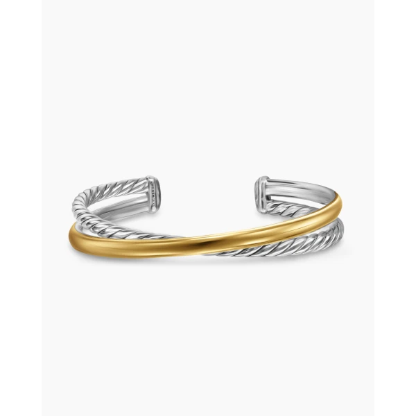 on-model styling shot|David Yurman Crossover Two Row Cuff Bracelet in Sterling Silver with 14K Yellow Gold