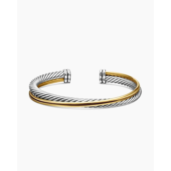on-model styling shot|David Yurman Crossover Two Row Cuff Bracelet in Sterling Silver with 18K Yellow Gold