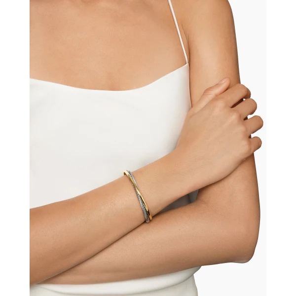 5mm – pavé setting and gemstone detail close-up|David Yurman Crossover Two Row Cuff Bracelet in Sterling Silver with 18K Yellow Gold