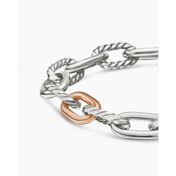 8.5mm – pavé setting and gemstone detail close-up|David Yurman DY Madison® Chain Bracelet in Sterling Silver with 18K Rose Gold