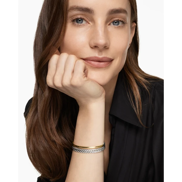 10.4mm in Gold – front view of authentic Cuff Bracelets at Luxury Shoes |David Yurman DY Mercer® Three Row Cuff Bracelet in Sterling Silver with 18K Yellow Gold and Diamonds