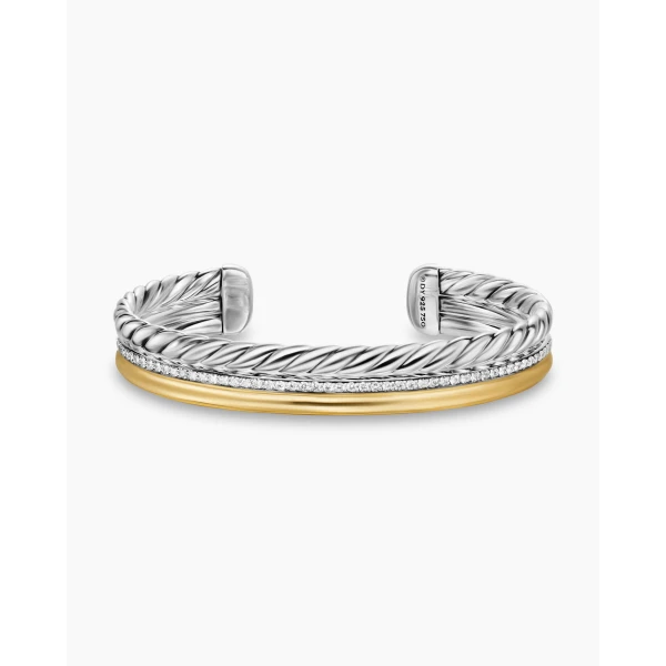 on-model styling shot|David Yurman DY Mercer® Three Row Cuff Bracelet in Sterling Silver with 18K Yellow Gold and Diamonds