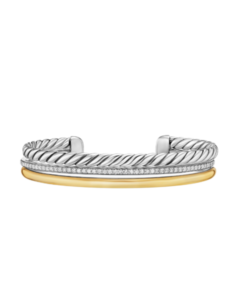 David Yurman DY Mercer® Three Row Cuff Bracelet in Sterling Silver with 18K Yellow Gold and Diamonds