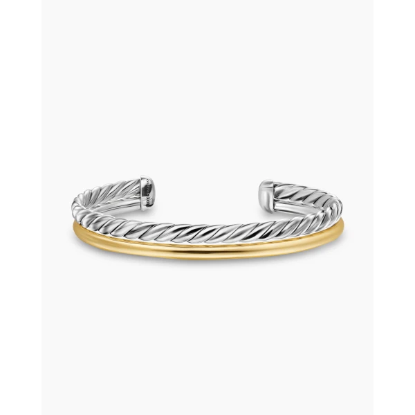 on-model styling shot|David Yurman DY Mercer® Two Row Cuff Bracelet in Sterling Silver with 18K Yellow Gold