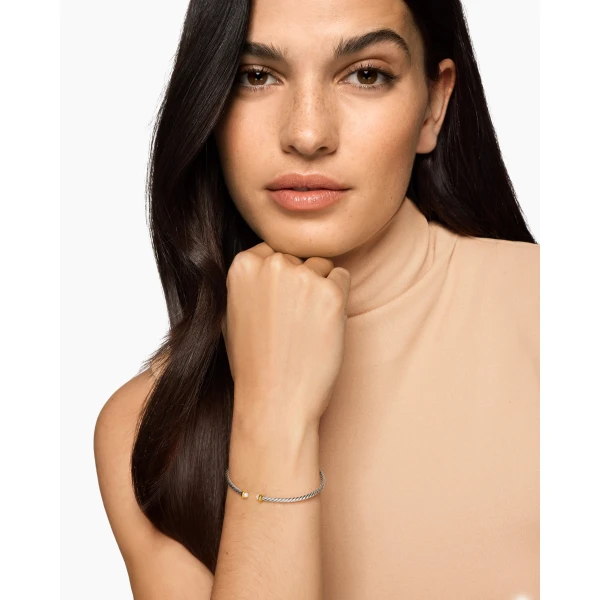 2.6mm in White – front view of authentic Cable Bracelets at Luxury Shoes |David Yurman Micro Cable Flex® Bracelet in Sterling Silver with 14K Yellow Gold and Pearls