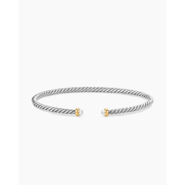 on-model styling shot|David Yurman Micro Cable Flex® Bracelet in Sterling Silver with 14K Yellow Gold and Pearls