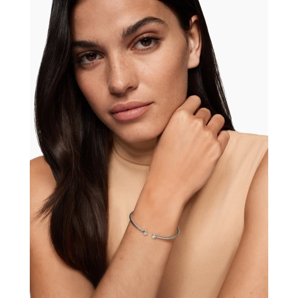 2.6mm in Silver – front view of authentic Cable Bracelets at Luxury Shoes |David Yurman Micro Cable Flex® Round Bracelet in Sterling Silver with Diamonds